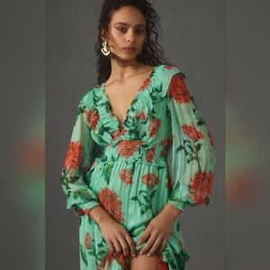 Anthropologie The Odetta Ruffled V-Neck Dress XS Floral Sea Green Billowy Dreamy